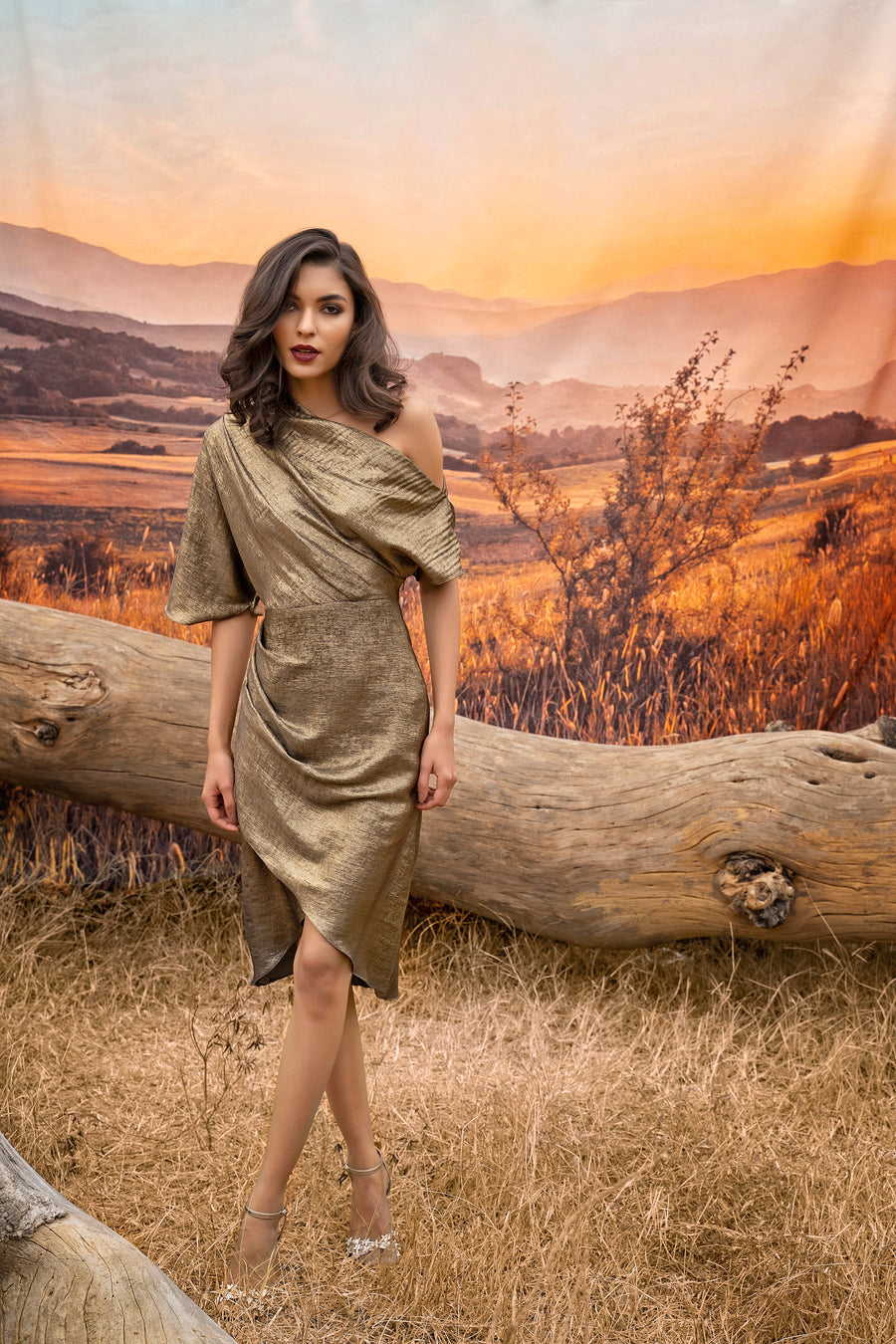 Gold Shawl Collar Dress